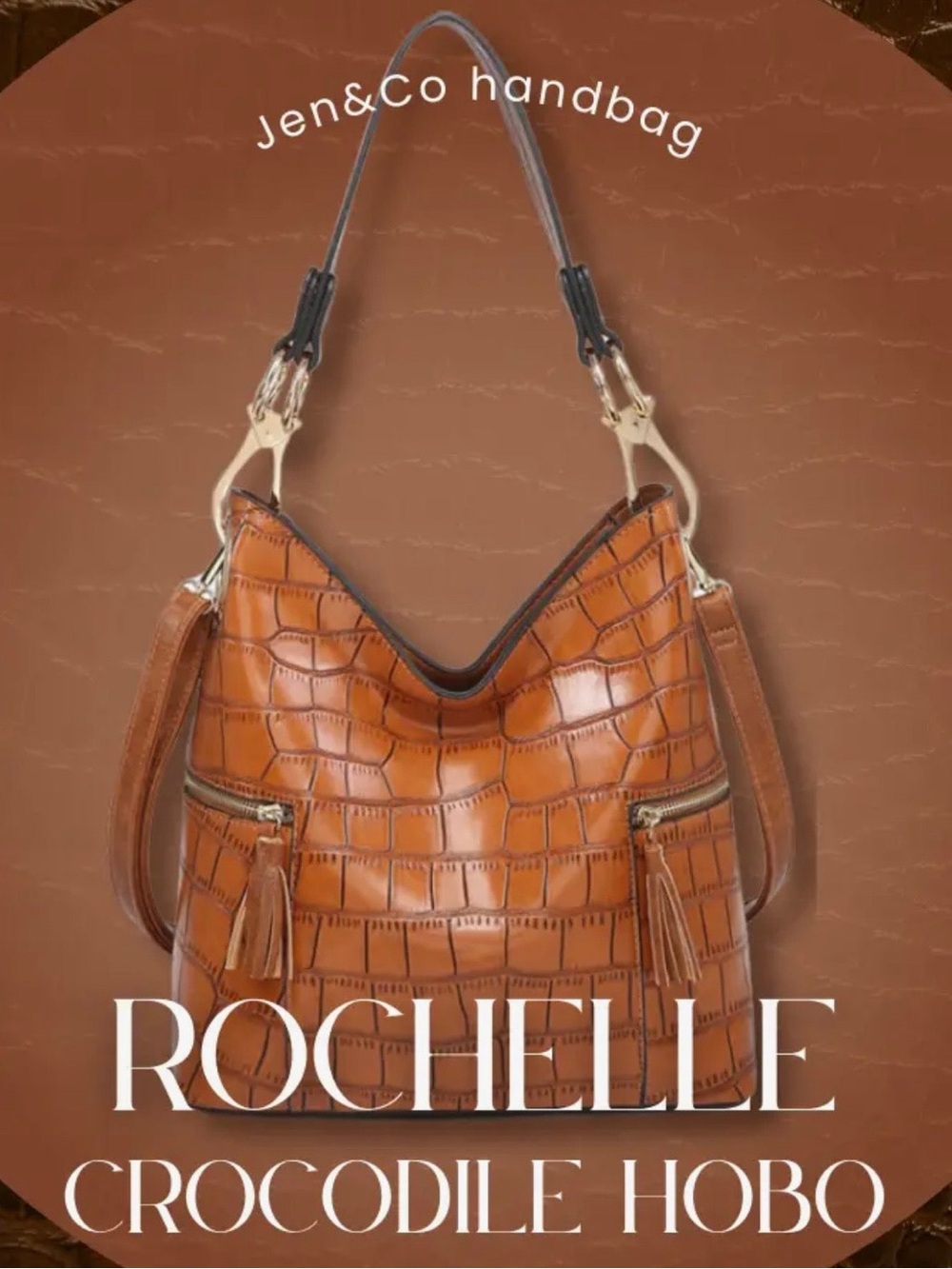 Jen&Co Rochelle Crocodile-Embossed Hobo Bag in Cognac Brown